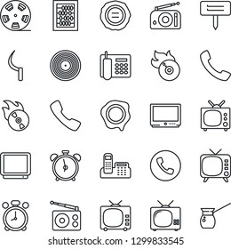 Thin Line Icon Set - alarm clock vector, phone, abacus, stamp, sickle, plant label, reel, vinyl, flame disk, radio, tv, call, office, turkish coffee