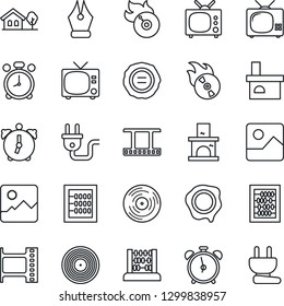 Thin Line Icon Set - alarm clock vector, tv, abacus, stamp, fireplace, film frame, vinyl, flame disk, gallery, ink pen, house with tree, power plug