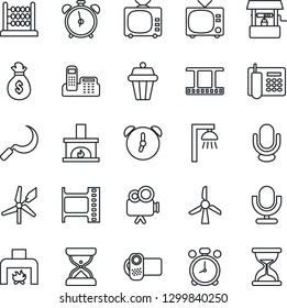 Thin Line Icon Set - alarm clock vector, tv, well, sickle, film frame, video camera, microphone, abacus, office phone, fireplace, outdoor lamp, windmill, money bag, sand
