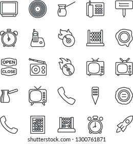 Thin Line Icon Set - alarm clock vector, abacus, stamp, plant label, vinyl, flame disk, radio, tv, phone, call, office, open close, turkish coffee, rocket