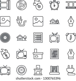 Thin Line Icon Set - alarm clock vector, tv, abacus, stamp, fireplace, film frame, vinyl, flame disk, gallery, ink pen, house with tree, power plug