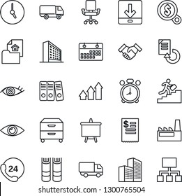 Thin Line Icon Set - alarm clock vector, office building, book, presentation board, document reload, eye, 24 hours, car delivery, download, calendar, paper binder, archive box, handshake, estate