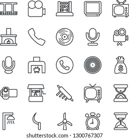 Thin Line Icon Set - alarm clock vector, phone, abacus, money bag, well, sickle, film frame, vinyl, tv, video camera, microphone, call, fireplace, rolling pin, outdoor lamp, windmill, sand