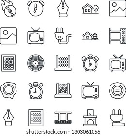 Thin Line Icon Set - alarm clock vector, tv, abacus, stamp, fireplace, film frame, vinyl, flame disk, gallery, ink pen, house with tree, power plug