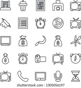 Thin Line Icon Set - alarm clock vector, tv, abacus, money bag, sickle, vinyl, video camera, microphone, call, fireplace, rolling pin, outdoor lamp, windmill, sand