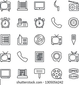 Thin Line Icon Set - alarm clock vector, tv, abacus, stamp, sickle, plant label, reel, vinyl, radio, phone, call, office, open close