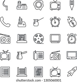Thin Line Icon Set - alarm clock vector, tv, abacus, stamp, sickle, plant label, reel, flame disk, radio, phone, call, office, turkish coffee, rocket