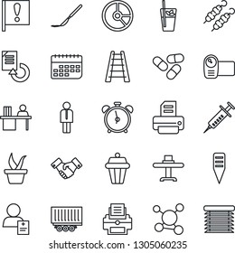 Thin Line Icon Set - alarm clock vector, manager, handshake, document reload, circle chart, printer, ladder, seedling, plant label, syringe, pills, scalpel, patient, molecule, important flag, term