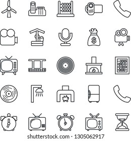 Thin Line Icon Set - alarm clock vector, abacus, money bag, well, film frame, vinyl, tv, video camera, microphone, call, office phone, fireplace, outdoor lamp, fridge, windmill, sand