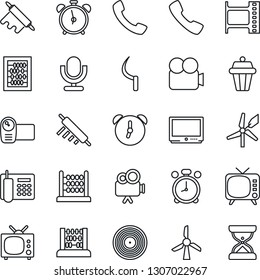 Thin Line Icon Set - alarm clock vector, abacus, sickle, film frame, vinyl, tv, video camera, microphone, call, office phone, rolling pin, outdoor lamp, windmill, sand