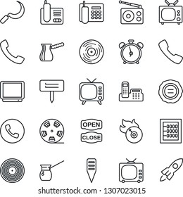 Thin Line Icon Set - alarm clock vector, phone, stamp, sickle, plant label, reel, vinyl, flame disk, radio, tv, call, abacus, office, open close, turkish coffee, rocket
