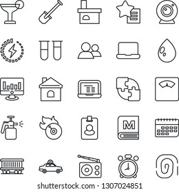 Thin Line Icon Set - alarm clock vector, car, notebook pc, statistic monitor, shovel, house, water drop, fireplace, garden sprayer, blood test vial, scales, railroad, term, flame disk, radio, group