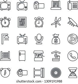 Thin Line Icon Set - alarm clock vector, phone, tv, abacus, money bag, well, film frame, vinyl, video camera, microphone, office, rolling pin, outdoor lamp, fridge, windmill, sand