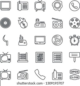 Thin Line Icon Set - alarm clock vector, phone, abacus, stamp, sickle, plant label, reel, vinyl, flame disk, radio, tv, call, office, open close