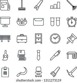 Thin Line Icon Set - alarm clock vector, office chair, desk, rake, saw, sickle, bench, blood test vial, themes, case, company, presentation board, drawing pin, bar graph, news, identity card, tie