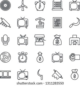 Thin Line Icon Set - alarm clock vector, tv, abacus, money bag, well, sickle, film frame, vinyl, video camera, microphone, fireplace, rolling pin, windmill