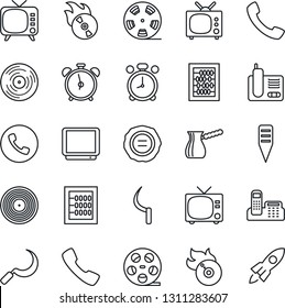 Thin Line Icon Set - alarm clock vector, phone, tv, abacus, stamp, sickle, plant label, reel, vinyl, flame disk, radio, call, office, turkish coffee, rocket