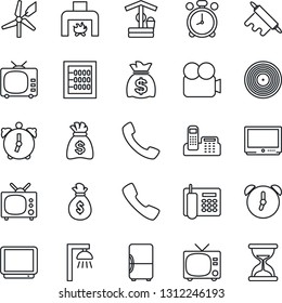 Thin Line Icon Set - alarm clock vector, tv, money bag, well, vinyl, video camera, call, abacus, office phone, fireplace, rolling pin, outdoor lamp, fridge, windmill, sand