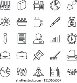 Thin Line Icon Set - alarm clock vector, case, team, desk, money bag, meeting, trowel, rake, coffee, drawing pin, bar graph, pie, news, blank box, support, paper binder, tie, tray, hierarchy, pen