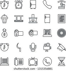 Thin Line Icon Set - alarm clock vector, phone, abacus, well, sickle, film frame, vinyl, tv, video camera, microphone, call, office, fireplace, rolling pin, outdoor lamp, fridge, money bag, sand
