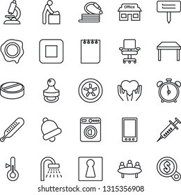 Thin Line Icon Set - alarm clock vector, female, baby room, shower, washer, notepad, meeting, stamp, hose, plant label, syringe, thermometer, microscope, pills, heart hand, store, stop button, bell