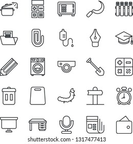 Thin Line Icon Set - alarm clock vector, safe, calculator, graduate, desk, presentation board, job, pencil, sickle, caterpillar, dropper, signpost, news, microphone, paper clip, document folder