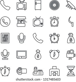 Thin Line Icon Set - alarm clock vector, phone, abacus, money bag, well, sickle, vinyl, tv, video camera, microphone, call, office, fireplace, rolling pin, fridge, sand