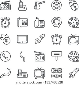 Thin Line Icon Set - alarm clock vector, phone, stamp, sickle, plant label, reel, flame disk, radio, tv, office, open close, turkish coffee, rocket