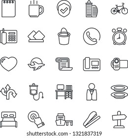 Thin Line Icon Set - alarm clock vector, desk, notepad, bucket, dropper, bike, route, plane, sea port, shield, video camera, touch screen, heart, coffee, office phone, stapler, building, bedroom