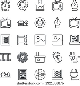Thin Line Icon Set - alarm clock vector, tv, abacus, stamp, fireplace, film frame, vinyl, flame disk, gallery, ink pen, house with tree, power plug