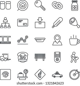 Thin Line Icon Set - alarm car vector, fork loader, luggage scales, hierarchy, coffee, bench, thermometer, pills bottle, pin, 24 hours, package, film frame, remote control, chain, mail, point graph
