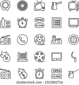 Thin Line Icon Set - alarm clock vector, phone, stamp, sickle, reel, vinyl, flame disk, radio, tv, abacus, office, open close, turkish coffee