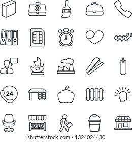 Thin Line Icon Set - alarm clock vector, speaking man, desk, factory, bucket, fire, pumpkin, caterpillar, doctor case, 24 hours, heart, call, themes, sim, blank box, paper binder, manager, stapler