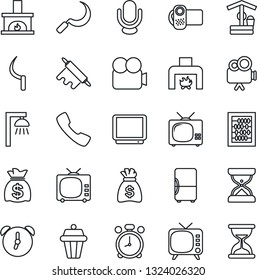 Thin Line Icon Set - alarm clock vector, abacus, money bag, well, sickle, tv, video camera, microphone, call, fireplace, rolling pin, outdoor lamp, fridge, sand