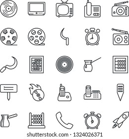 Thin Line Icon Set - alarm clock vector, abacus, sickle, plant label, reel, vinyl, flame disk, radio, tv, phone, call, office, turkish coffee, rocket