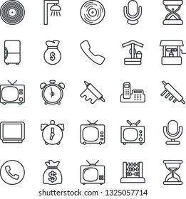 Thin Line Icon Set - alarm clock vector, phone, tv, abacus, money bag, well, vinyl, microphone, call, office, rolling pin, outdoor lamp, fridge, sand