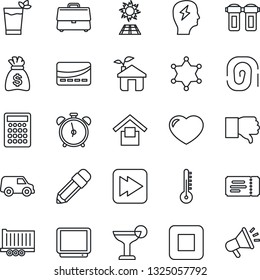 Thin Line Icon Set - alarm clock vector, ticket, money bag, brainstorm, truck trailer, warehouse storage, tv, finger down, heart, stop button, fast forward, case, pencil, cocktail, phyto bar, police