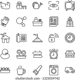 Thin Line Icon Set - alarm clock vector, signpost, watering can, glove, saw, seedling, store, support, receipt, sea port, tv, share, office building, phone, manager desk, flower in pot, coffee, car