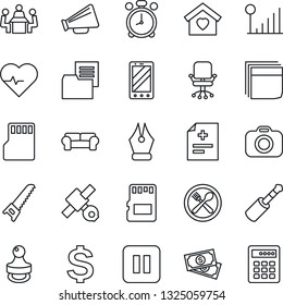 Thin Line Icon Set - alarm clock vector, mobile phone, office chair, dollar sign, saw, heart pulse, diagnosis, satellite, cash, folder document, camera, loudspeaker, pause button, jack connector, sd