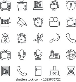 Thin Line Icon Set - alarm clock vector, tv, abacus, money bag, well, sickle, vinyl, video camera, microphone, call, office phone, fireplace, rolling pin, fridge, windmill, sand