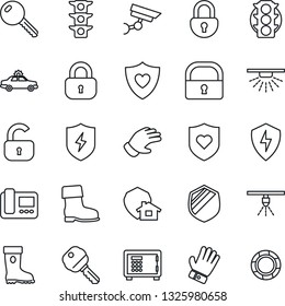 Thin Line Icon Set - alarm car vector, safe, glove, boot, heart shield, traffic light, protect, lock, key, intercome, home, surveillance, sprinkler, crisis management