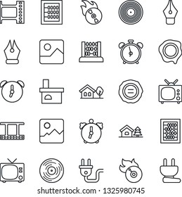 Thin Line Icon Set - alarm clock vector, tv, abacus, stamp, fireplace, film frame, vinyl, flame disk, gallery, ink pen, house with tree, power plug