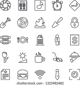Thin Line Icon Set - alarm clock vector, smoking place, tie, trowel, shovel, lawn mower, diagnosis, receipt, tulip, flammable, vinyl, mobile camera, brightness, lock, music, contract, manager, cafe