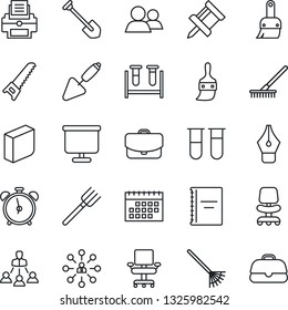 Thin Line Icon Set - alarm clock vector, hierarchy, office chair, job, trowel, farm fork, rake, saw, blood test vial, group, themes, calendar, copybook, presentation board, drawing pin, ink pen