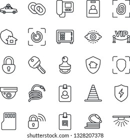 Thin Line Icon Set - alarm car vector, border cone, safe, hose, chain, protect, sd, lock, face id, eye, identity card, stamp, key, vip zone, fingerprint, wireless, intercome, home, pass, sprinkler