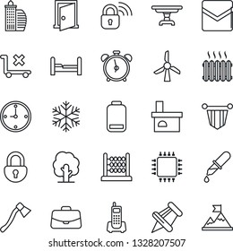 Thin Line Icon Set - alarm clock vector, case, pennant, tree, axe, fireplace, dropper, office phone, no trolley, paper pin, low battery, mail, lock, abacus, building, bedroom, table, heater, chip