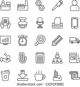 Thin Line Icon Set - alarm clock vector, mobile phone, hierarchy, pen, coffee, document, manager place, statistic monitor, pencil, car delivery, search cargo, news, radio, user, download, paper clip