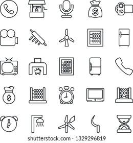 Thin Line Icon Set - alarm clock vector, phone, abacus, money bag, well, sickle, tv, video camera, microphone, call, fireplace, rolling pin, outdoor lamp, fridge, windmill, sand