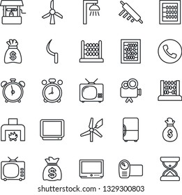 Thin Line Icon Set - alarm clock vector, phone, abacus, money bag, well, sickle, tv, video camera, fireplace, rolling pin, outdoor lamp, fridge, windmill, sand