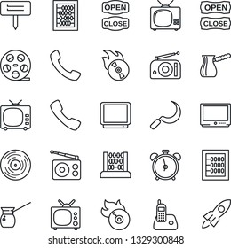 Thin Line Icon Set - alarm clock vector, abacus, sickle, plant label, reel, vinyl, flame disk, radio, tv, phone, call, open close, turkish coffee, rocket